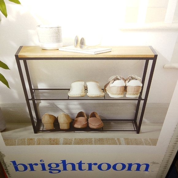 ☆NIB☆3 Tier "BRIGHTROOM" Large Multi-Use black metal Shoe Rack Natural Wood Top☆ - Picture 2 of 13